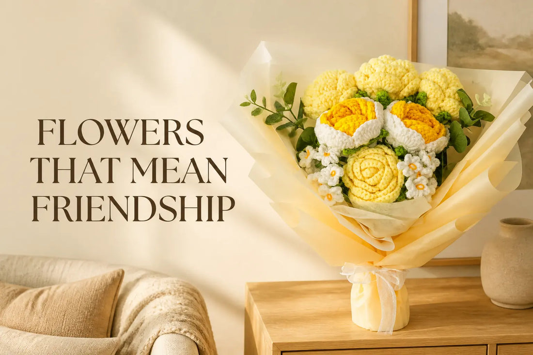 Crochet yellow rose and forget-me-not bouquet in a warm modern living room