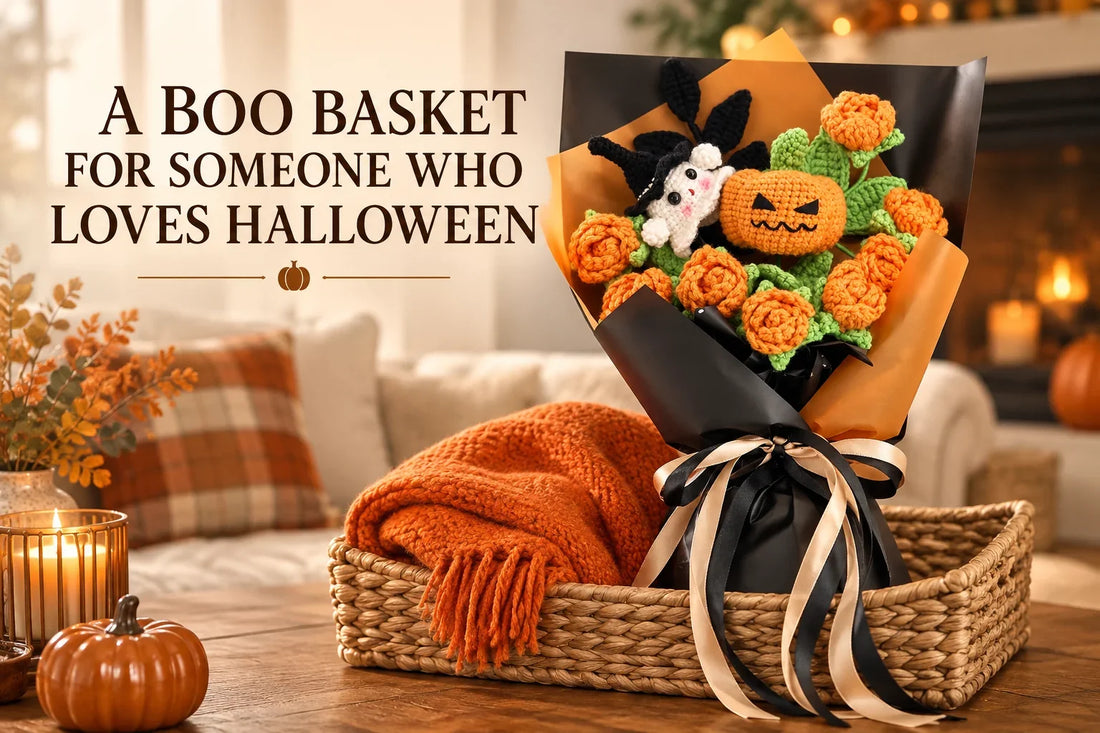 A Boo Basket for Someone Who Loves Halloween — Pumpkin and ghost crochet bouquet supported in a woven Halloween gift basket
