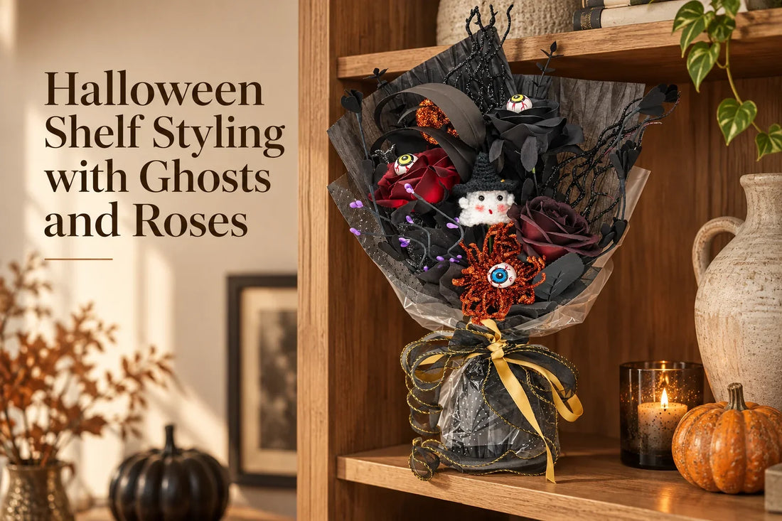 Halloween Shelf Styling with Ghosts and Roses — Ghost and eyeball bouquet with dark flowers on a wide wood shelf