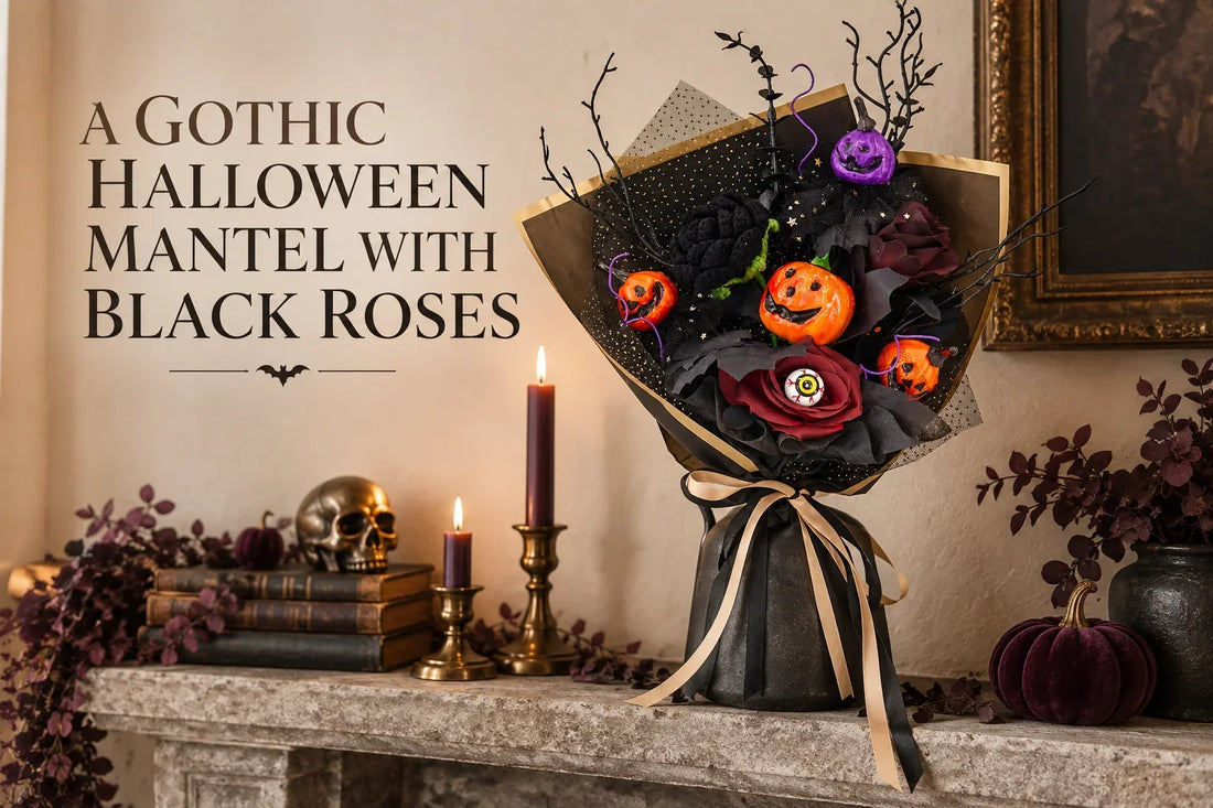 A Gothic Halloween Mantel with Black Roses — Black rose and pumpkin bouquet on a dark mantel with plum accents