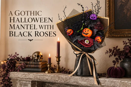 A Gothic Halloween Mantel with Black Roses — Black rose and pumpkin bouquet on a dark mantel with plum accents