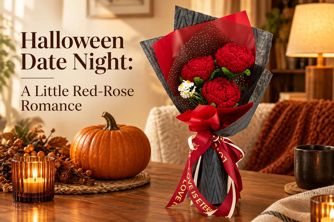 Halloween Date Night: A Little Red-Rose Romance — Hands presenting a red crochet rose bouquet in black and red wrapping