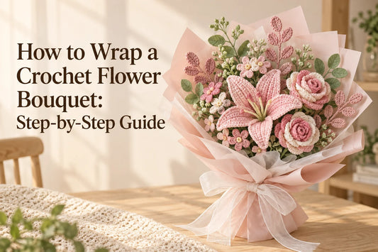 How to Wrap a Crochet Flower Bouquet cover with pink crochet flowers