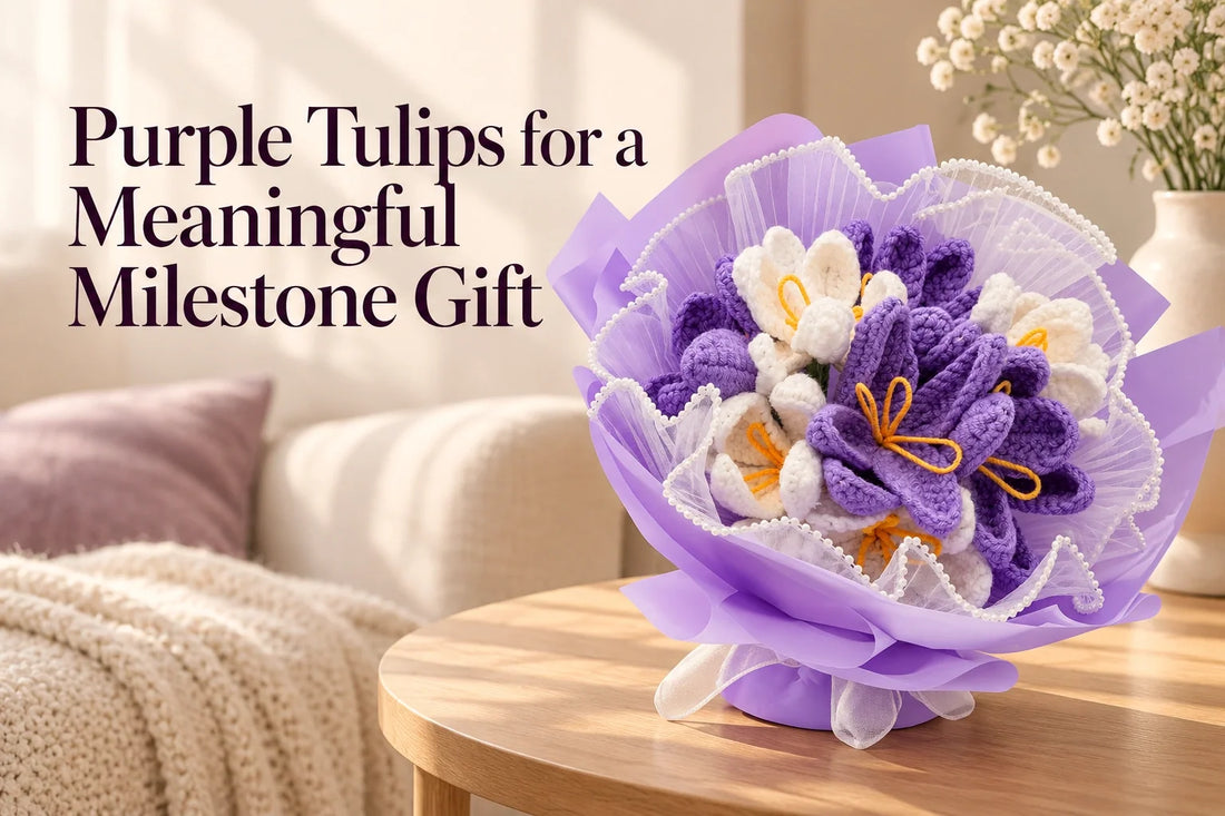Purple and white crochet tulip bouquet beside the title Purple Tulips for a Meaningful Milestone Gift
