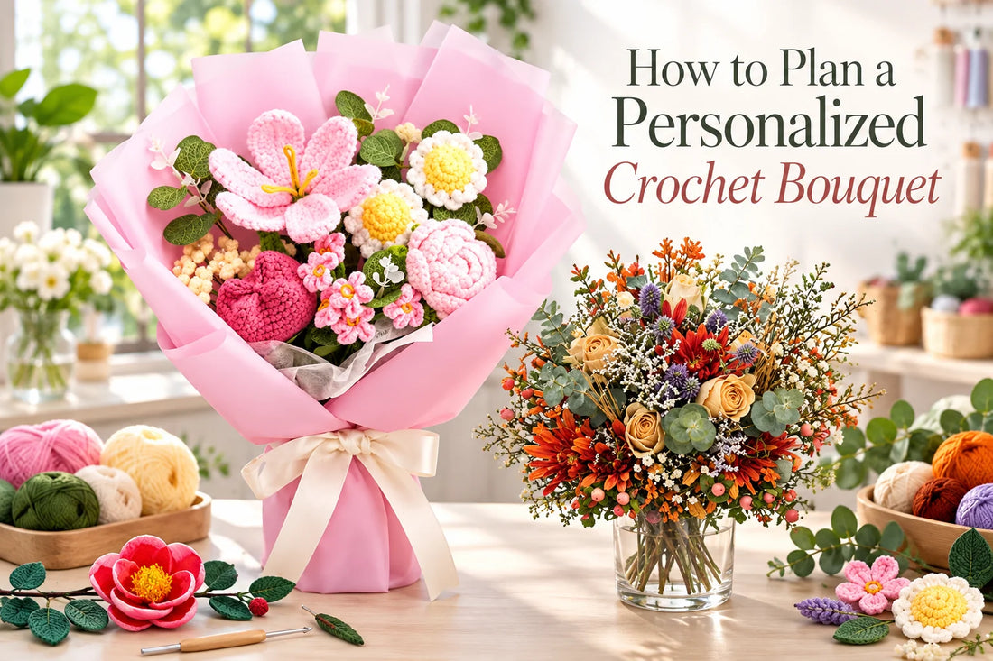 Personalized crochet bouquet planning with custom flowers and rose tulip daisy bouquet