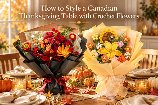 Canadian Thanksgiving table with red-orange and yellow crochet bouquets
