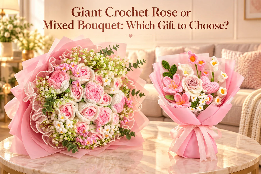Giant crochet rose and pink Thai rose tulip bouquets compared