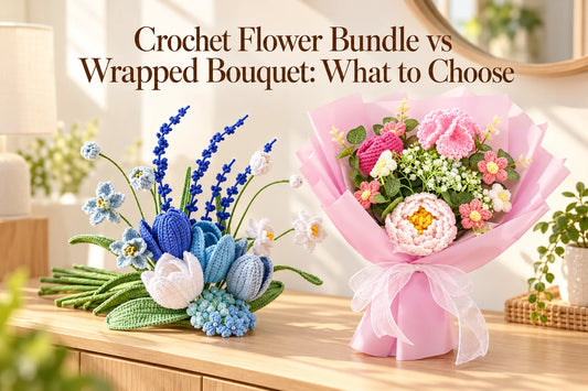 Blue crochet flower bundle and wrapped peony bouquet compared