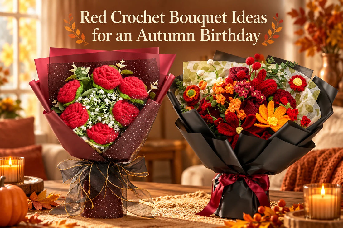 Two red crochet bouquet ideas for an autumn birthday