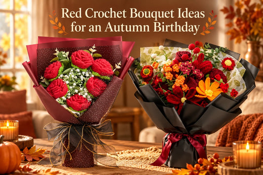 Two red crochet bouquet ideas for an autumn birthday