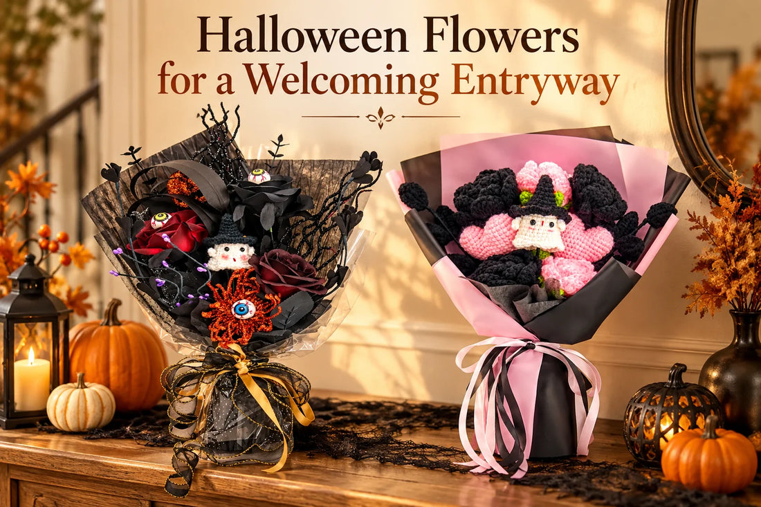 Halloween crochet bouquets in a welcoming entryway