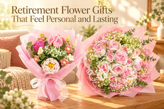 Peony mixed bouquet and giant rose crochet bouquet as retirement gifts