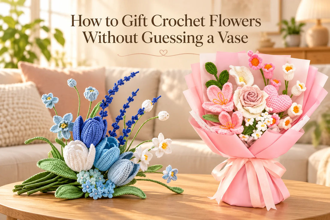 Loose blue crochet flower bundle beside a wrapped Thai rose tulip bouquet