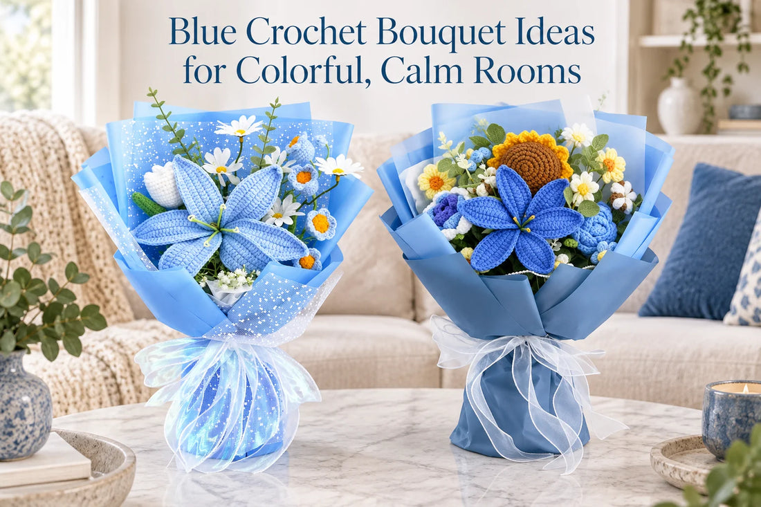 Blue crochet bouquet ideas for a calm colorful room