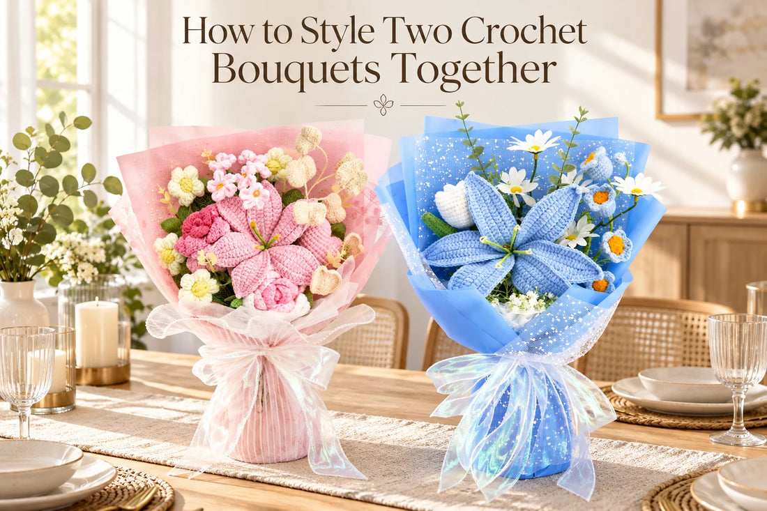 Two crochet bouquets styled together in a bright dining room