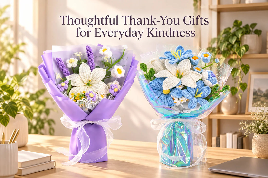 Thoughtful crochet thank-you gifts in a warm home office