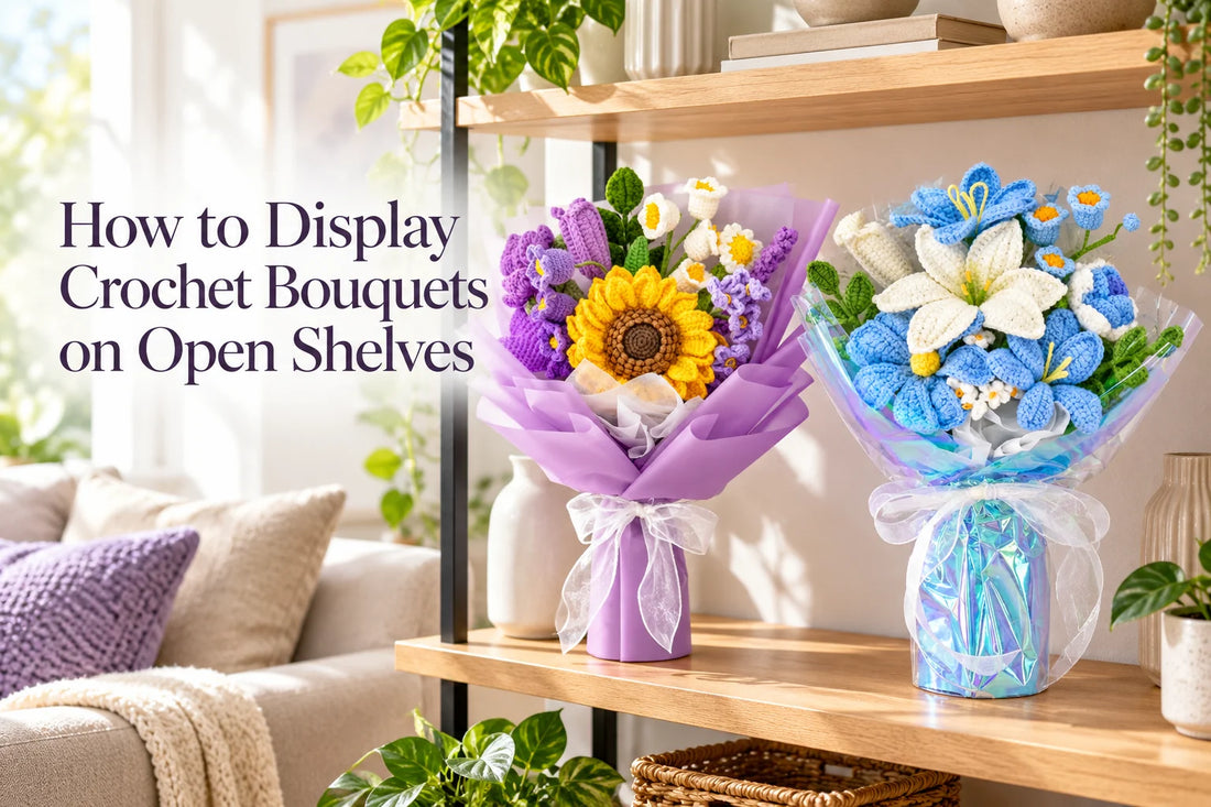 How to display crochet bouquets on open shelves