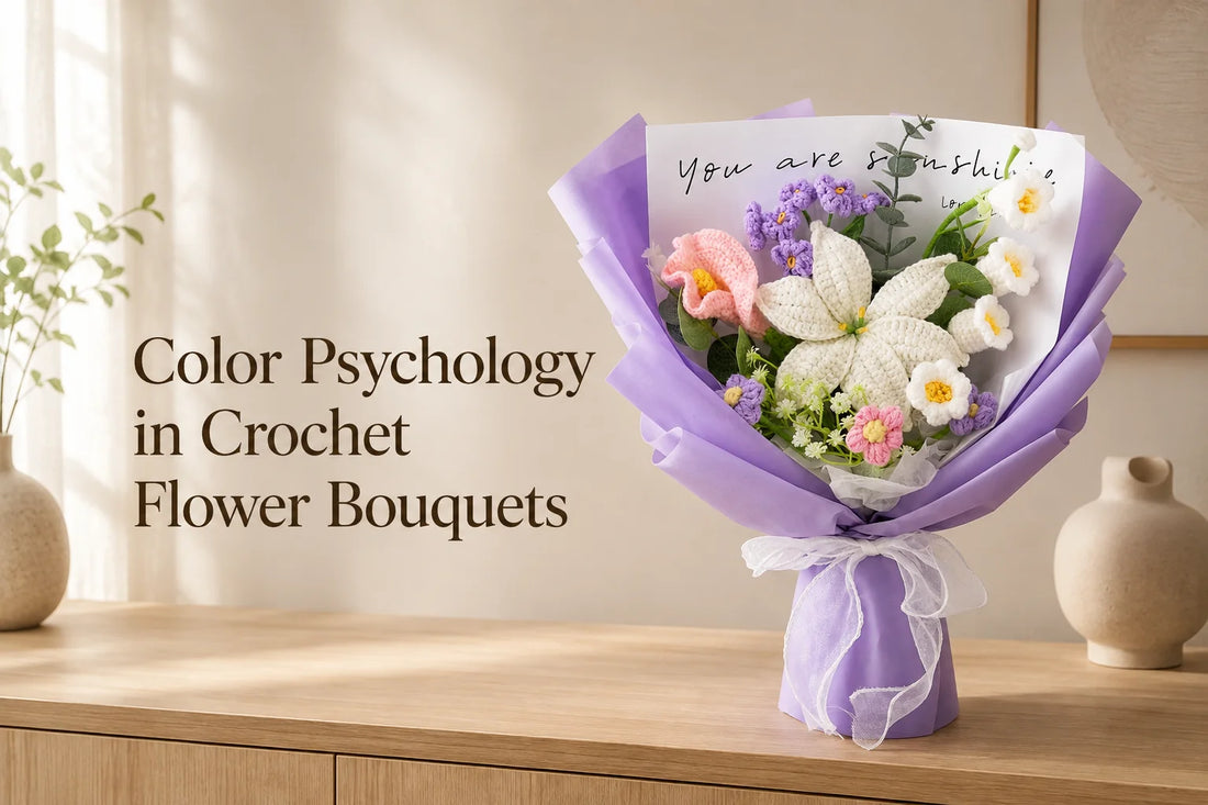 Color Psychology in Crochet Flower Bouquets, with a purple-wrapped lily and calla lily bouquet in a warm neutral room