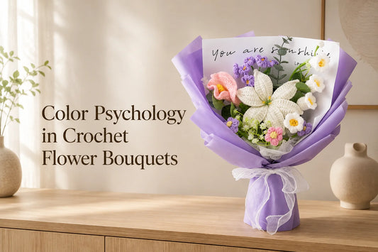 Color Psychology in Crochet Flower Bouquets, with a purple-wrapped lily and calla lily bouquet in a warm neutral room