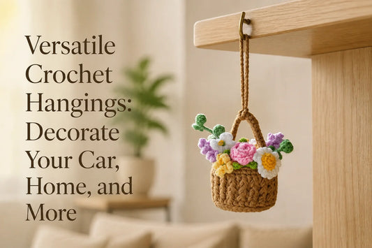 Versatile Crochet Hangings: Decorate Your Car, Home, and More, with a miniature crochet flower basket beside an oak shelf