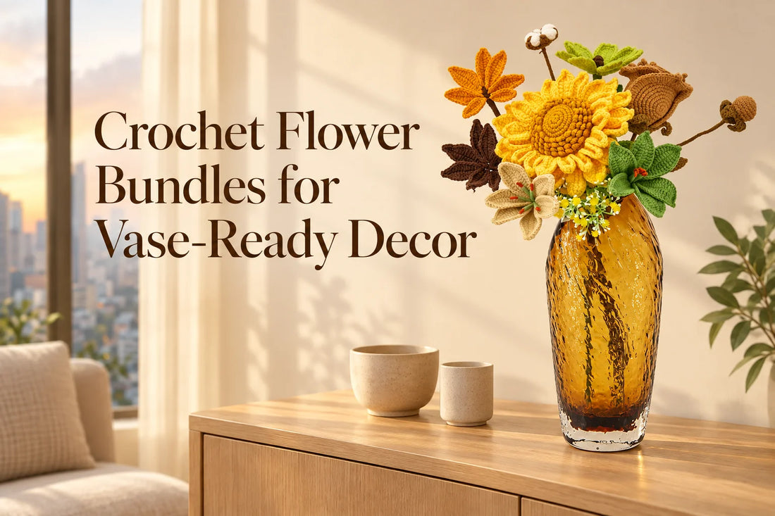Crochet flower bundles for vase-ready decor with a sunflower arrangement in a display vase