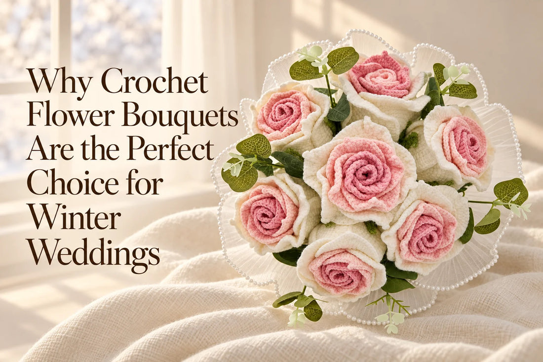 Winter wedding crochet bouquet guide with seven pink-and-white Thai roses
