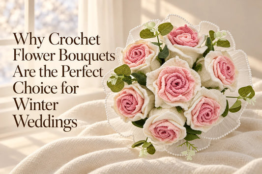 Winter wedding crochet bouquet guide with seven pink-and-white Thai roses