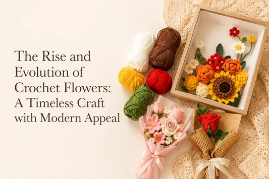 The Rise and Evolution of Crochet Flowers blog cover with yarn, crochet flowers and current bouquets