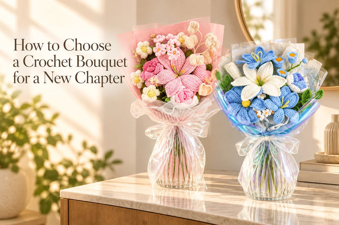 A new-chapter crochet bouquet display with pink lilies, roses, and blue white lilies