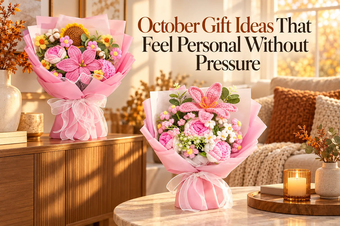 October crochet bouquet gift ideas with pink tulips, roses, lilies, sunflowers, and carnations
