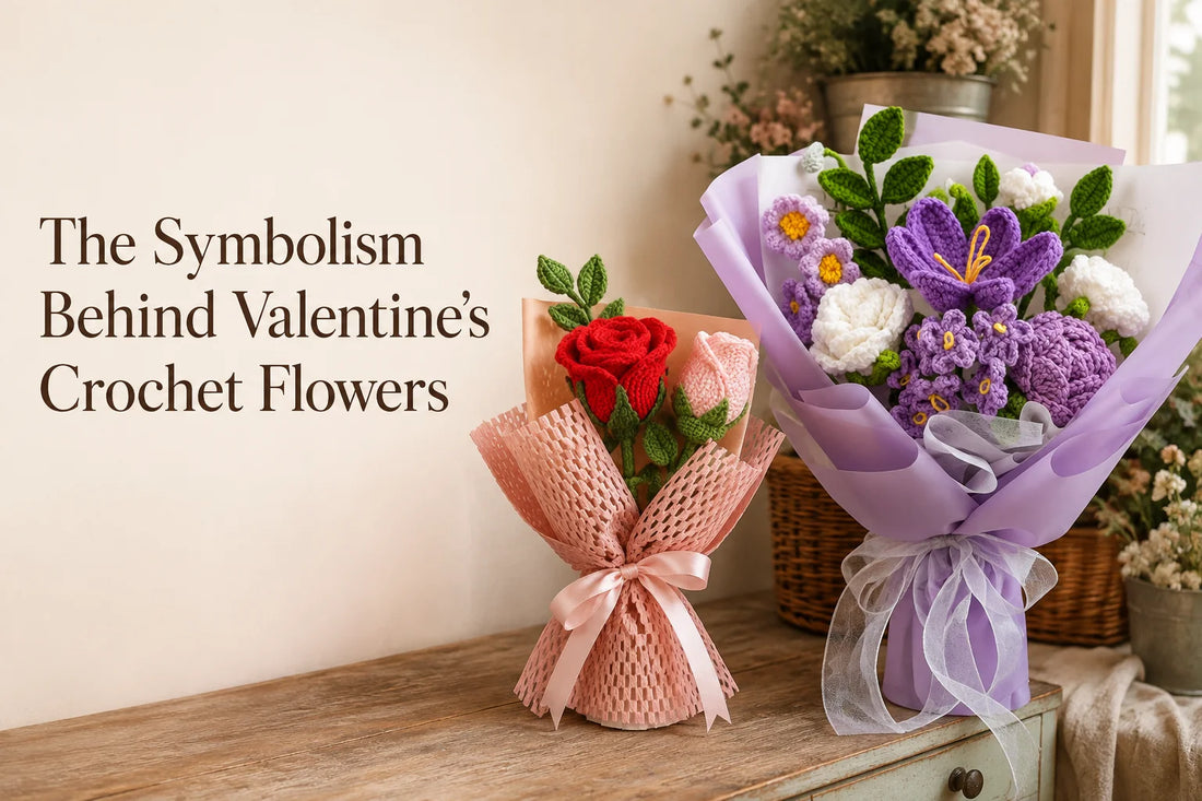 The Symbolism Behind Valentine’s Crochet Flowers blog cover with rose and purple crochet bouquets