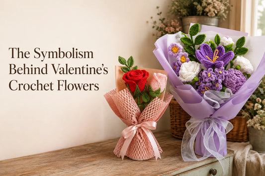 The Symbolism Behind Valentine’s Crochet Flowers blog cover with rose and purple crochet bouquets