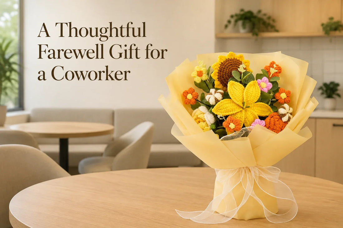 A Thoughtful Farewell Gift for a Coworker with a yellow lily, sunflower and rose crochet bouquet