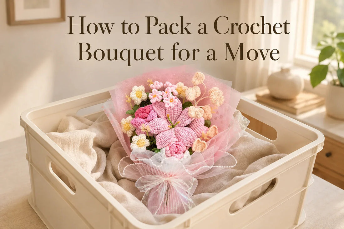 How to Pack a Crochet Bouquet for a Move with a pink lily and rose crochet bouquet