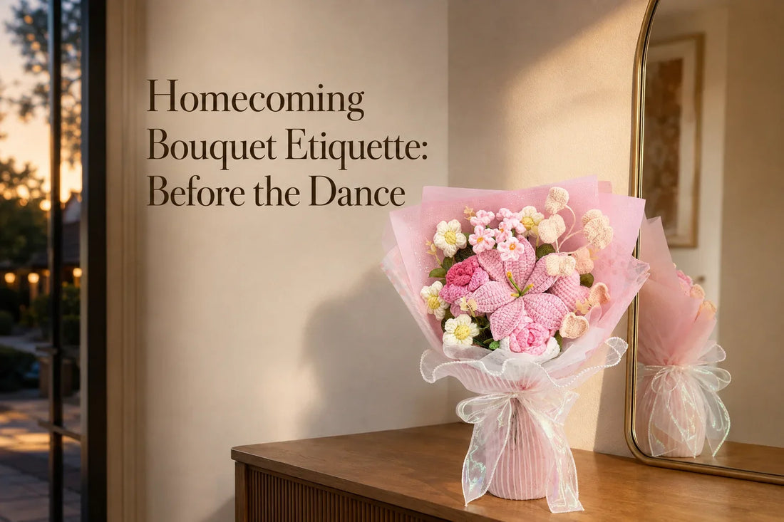 Homecoming Bouquet Etiquette: Before the Dance with a pink lily and rose crochet bouquet