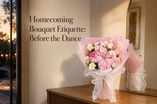 Homecoming Bouquet Etiquette: Before the Dance with a pink lily and rose crochet bouquet