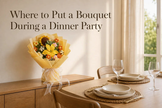 Where to Put a Bouquet During a Dinner Party with a yellow lily, sunflower and rose crochet bouquet
