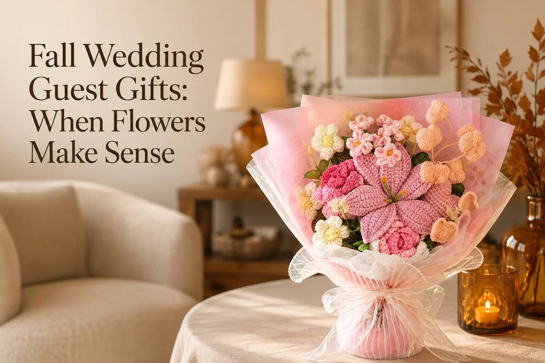 Fall Wedding Guest Gifts: When Flowers Make Sense with a pink lily and rose crochet bouquet