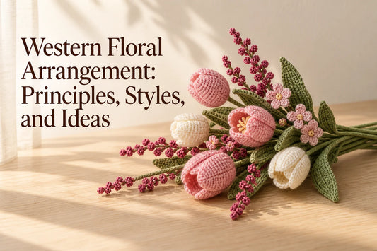 Western floral arrangement cover with pink and white crochet flowers
