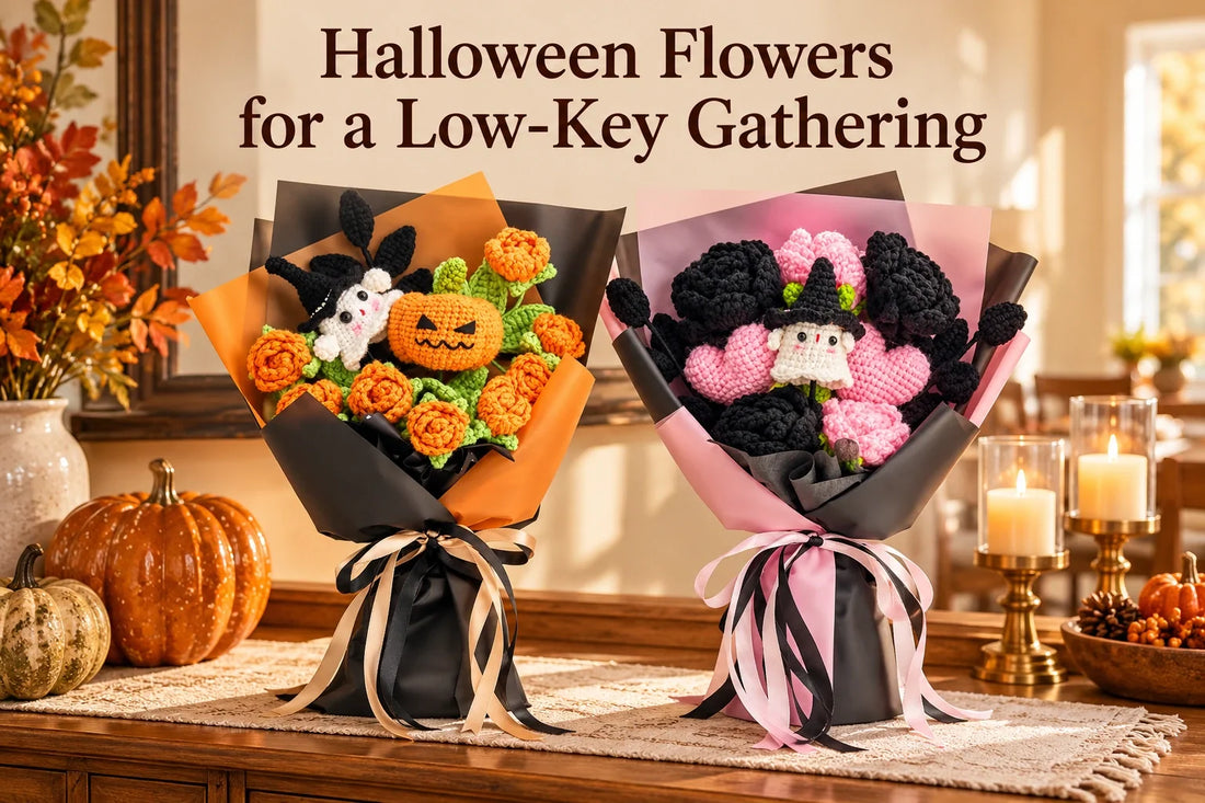 Halloween Flowers for a Low-Key Gathering with featured crochet bouquets