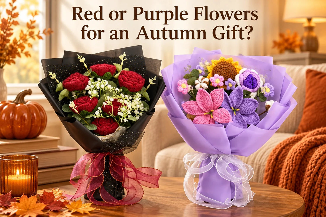 Red or Purple Flowers for an Autumn Gift? with featured crochet bouquets