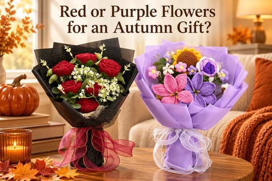 Red or Purple Flowers for an Autumn Gift? with featured crochet bouquets