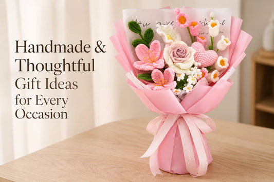 Pink wrapped crochet bouquet beside the title Handmade & Thoughtful Gift Ideas for Every Occasion