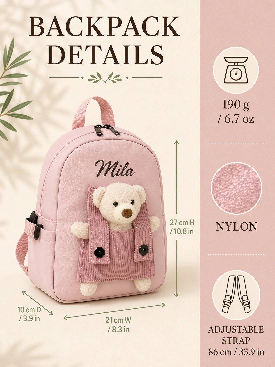 Backpack detail graphic showing nylon fabric, 190 g weight, dimensions and adjustable straps