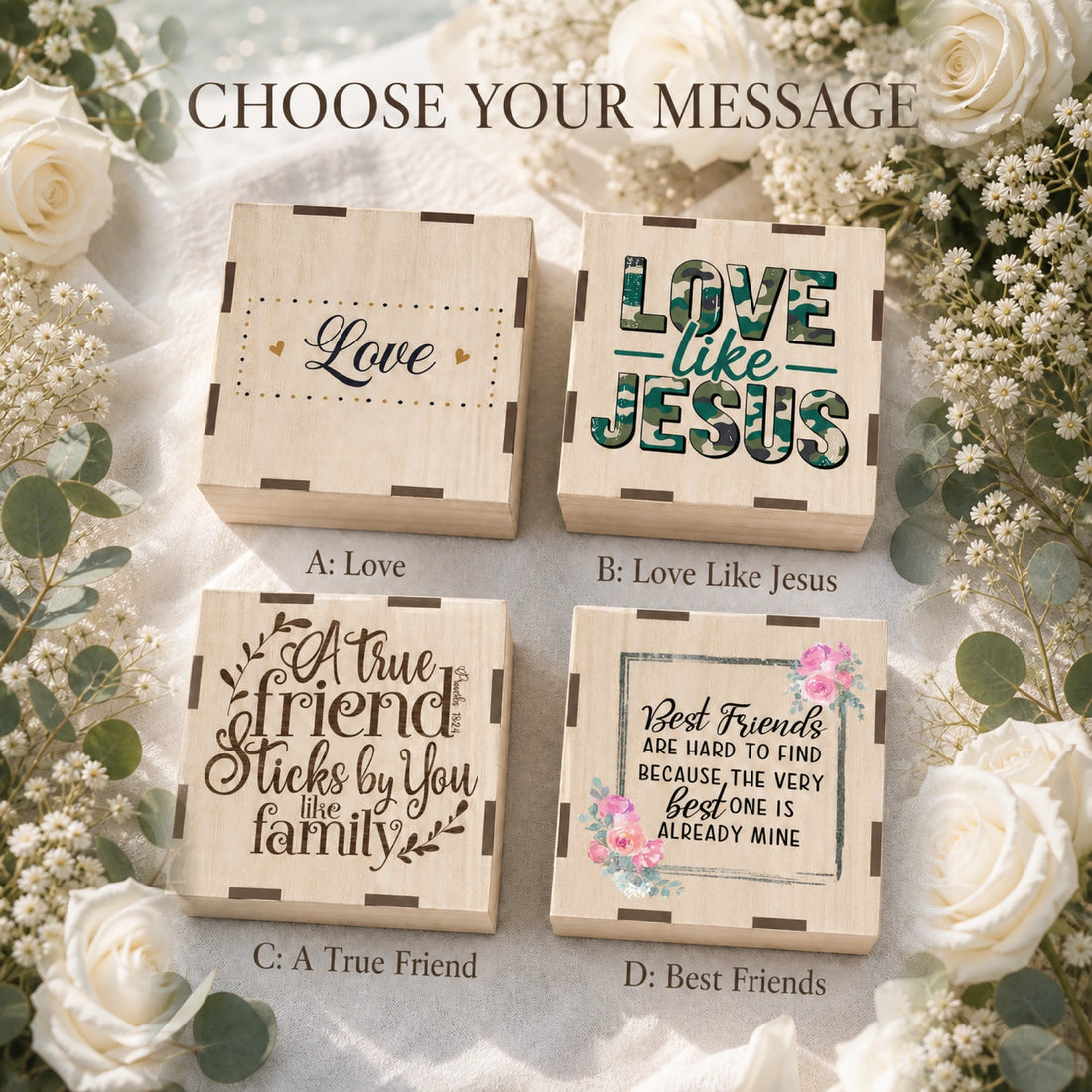 Quatre options de couvercle pour l’album en bois : Love, Love Like Jesus, A True Friend et Best Friends