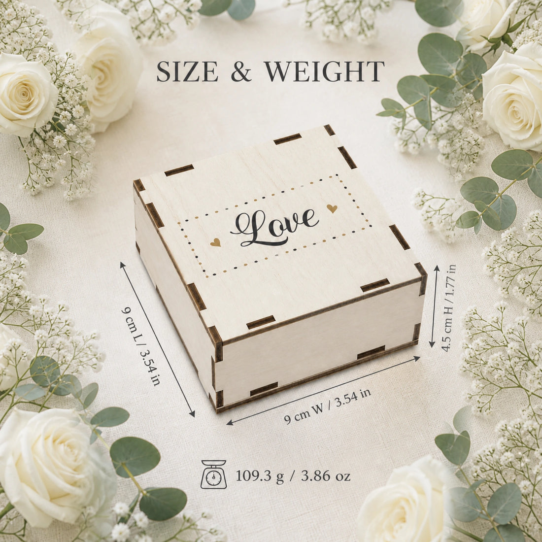 Guide des dimensions de la boîte d’album photo en bois : 9 cm × 9 cm × 4.5 cm pour un poids de 109.3 g