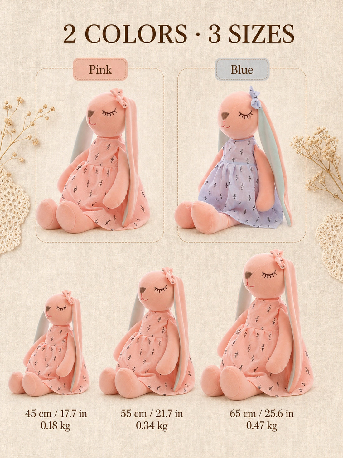 Guide des tailles montrant les robes rose et bleue et les tailles 45, 55 et 65 cm avec pouces et poids