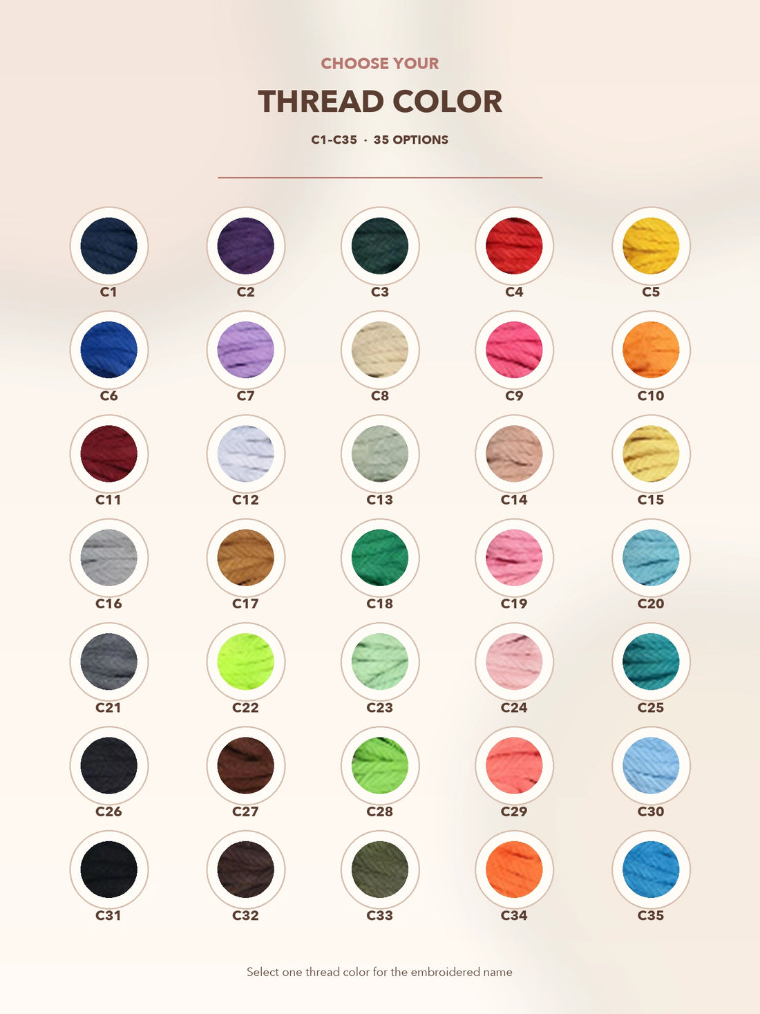 Embroidery thread color chart showing options C1 through C35