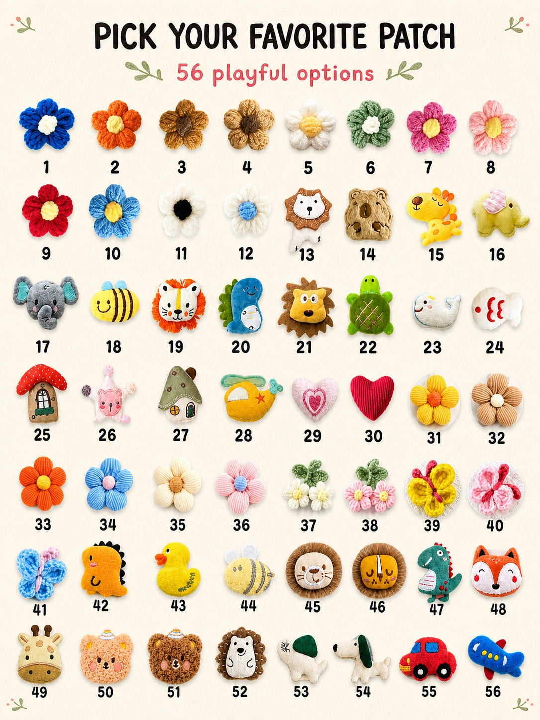 Tabla de 56 diseños numerados de parches decorativos para la mochila personalizada