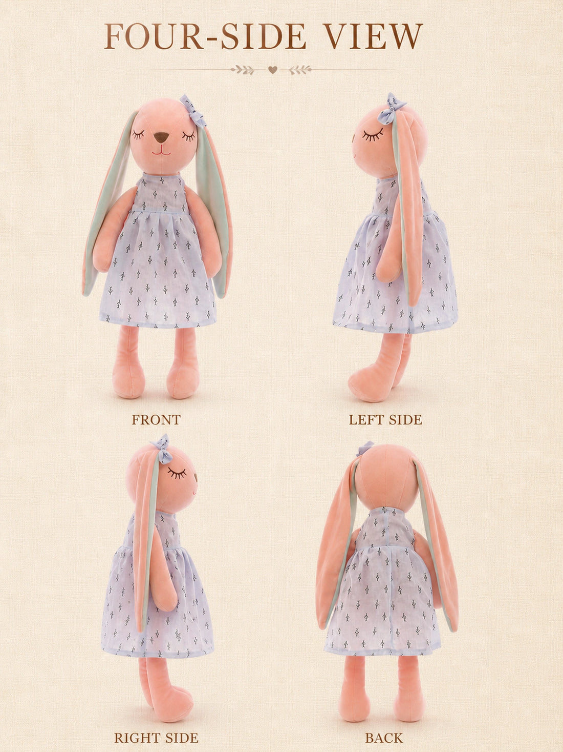 Vues de face, de gauche, de droite et de dos du lapin en peluche rose en robe bleue à motif de branches